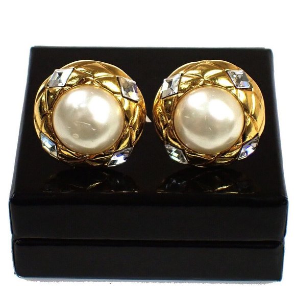 CHANEL CC Round Button Earrings Clip-On Rhinestone Imitation Pearl GD